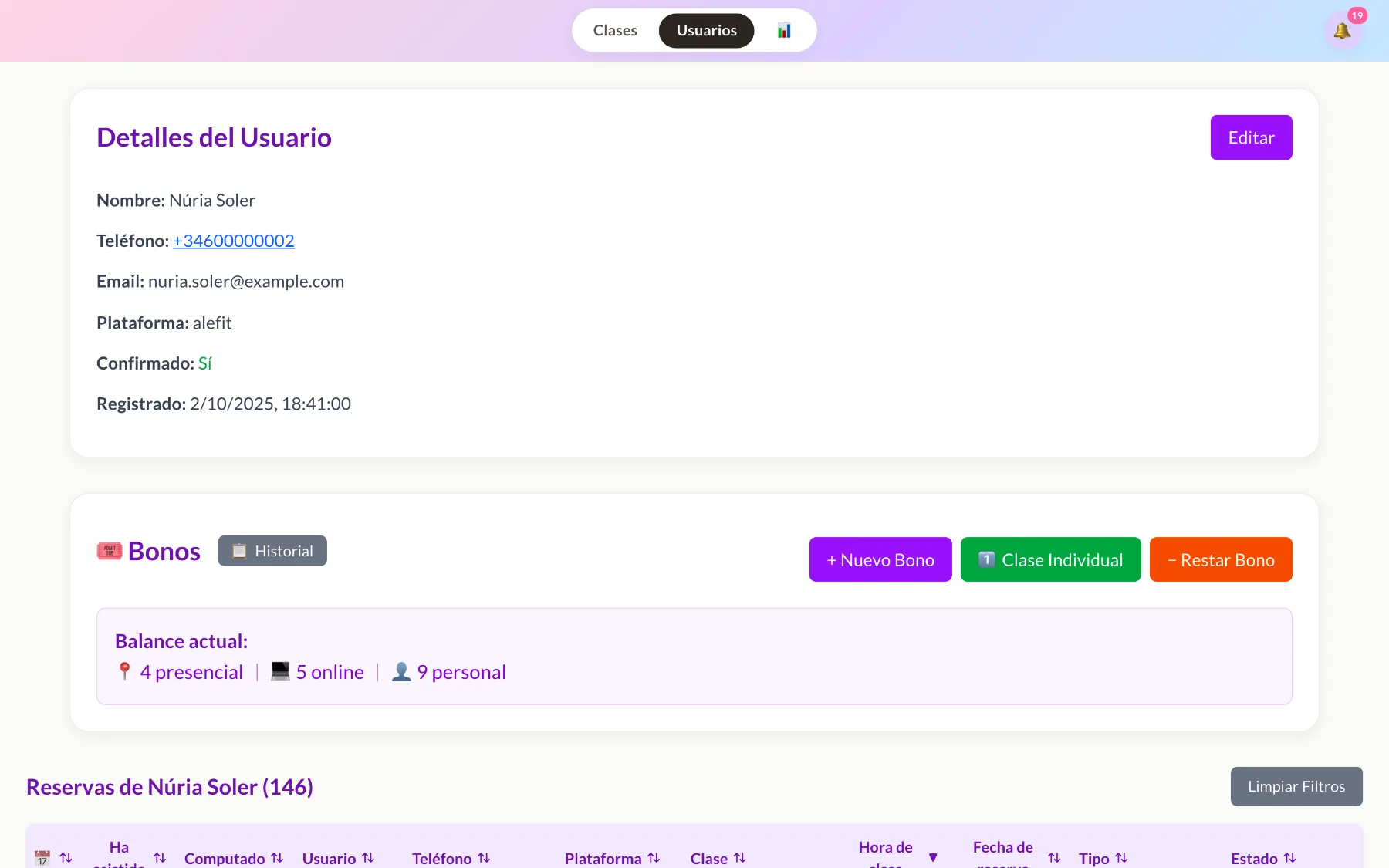 Admin member profile showing bono balances and booking history