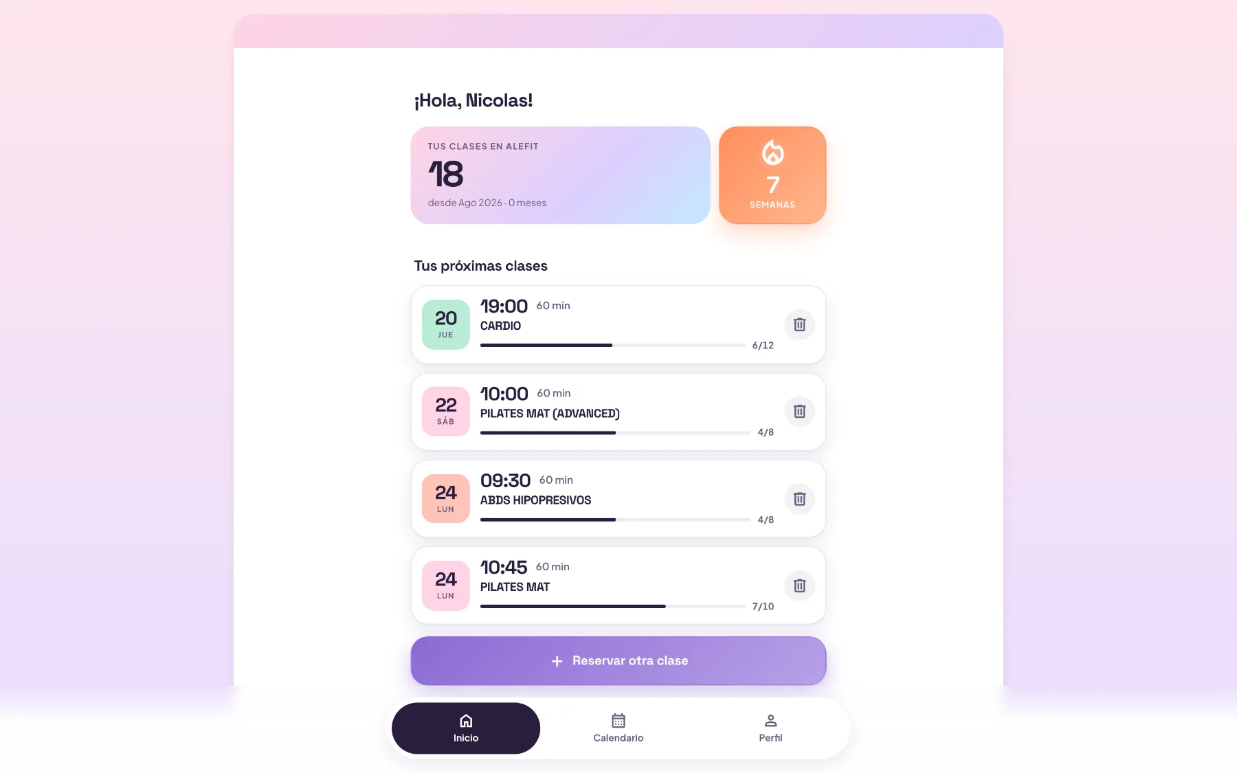 Member booking app home screen with classes taken and upcoming bookings