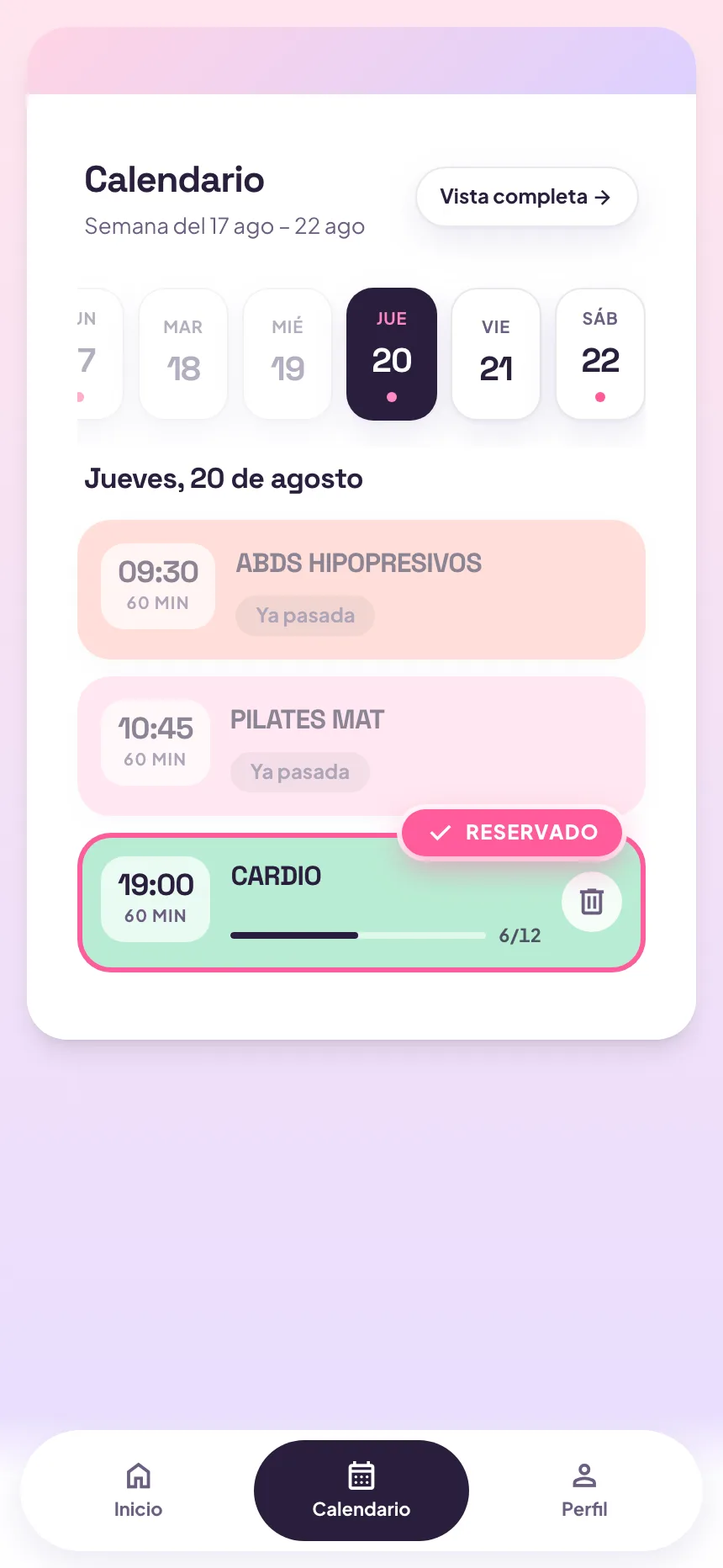 The member booking app on a phone-sized screen