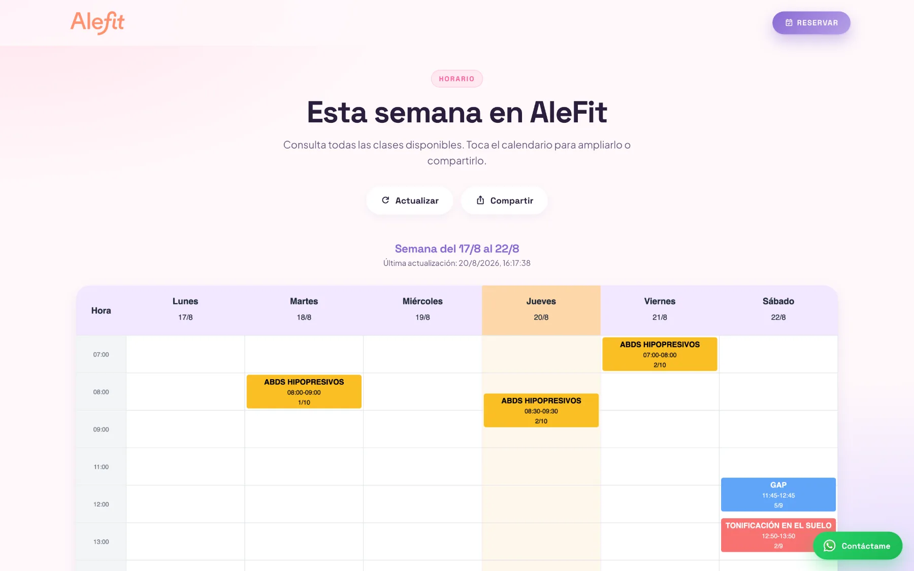 The public weekly timetable page