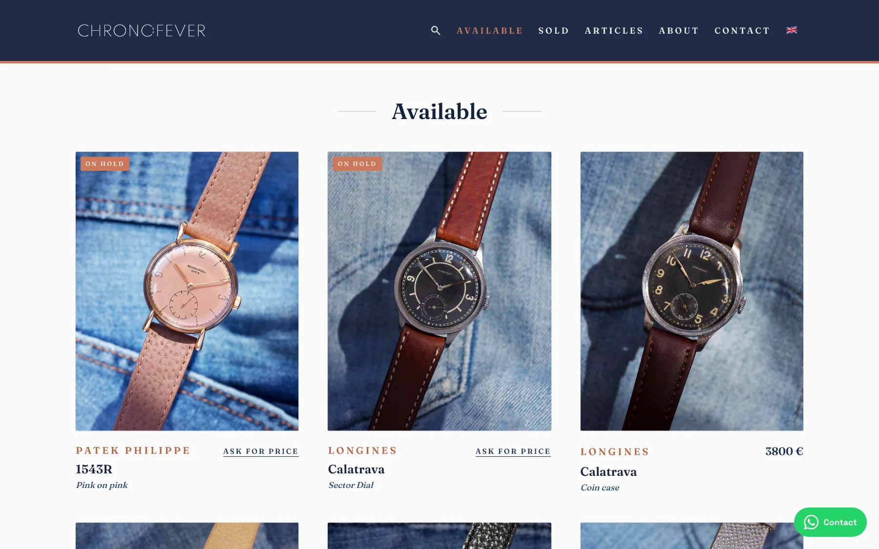 The Chronofever public catalogue, showing vintage watches with availability and price