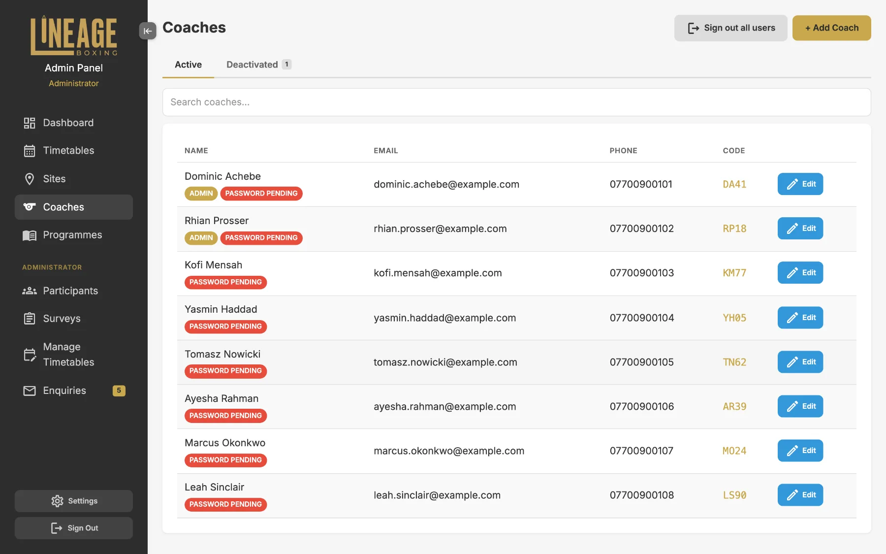 Admin list of coaches with codes and status