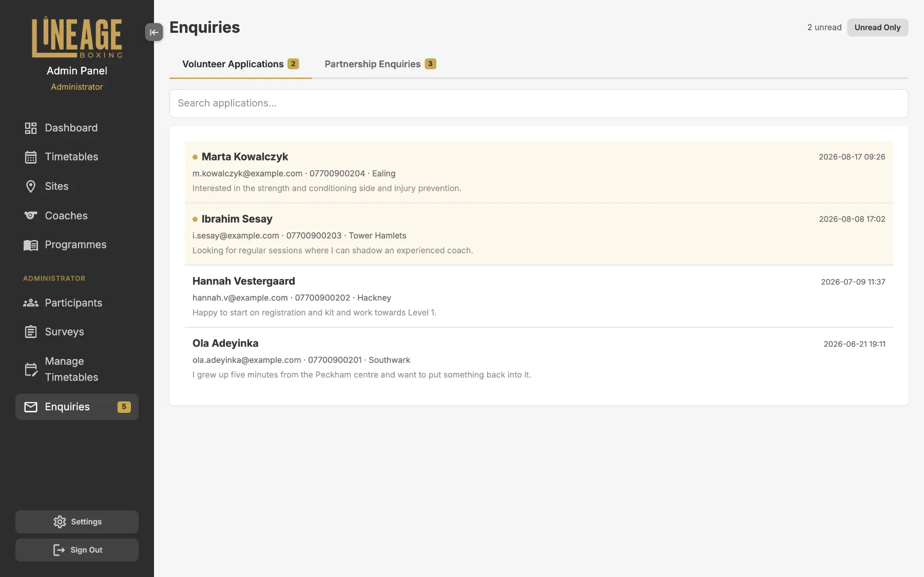 Admin enquiries inbox from schools and organisations