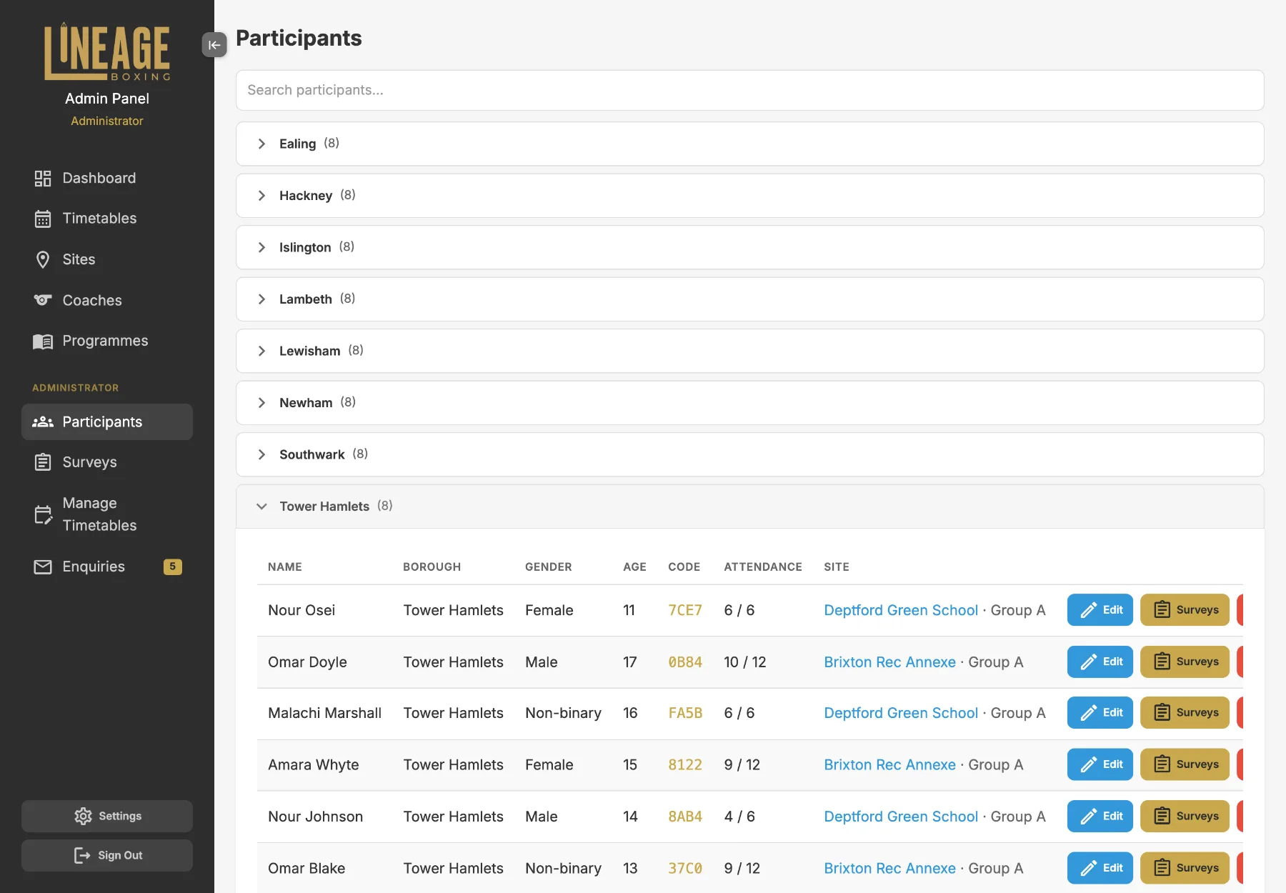 Participants grouped by London borough with attendance ratios and codes