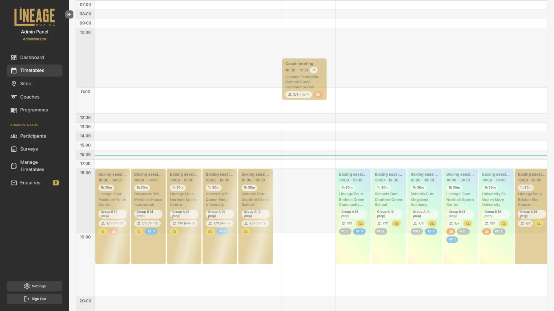 Coach timetable grid with sessions across sites and coach staffing counts