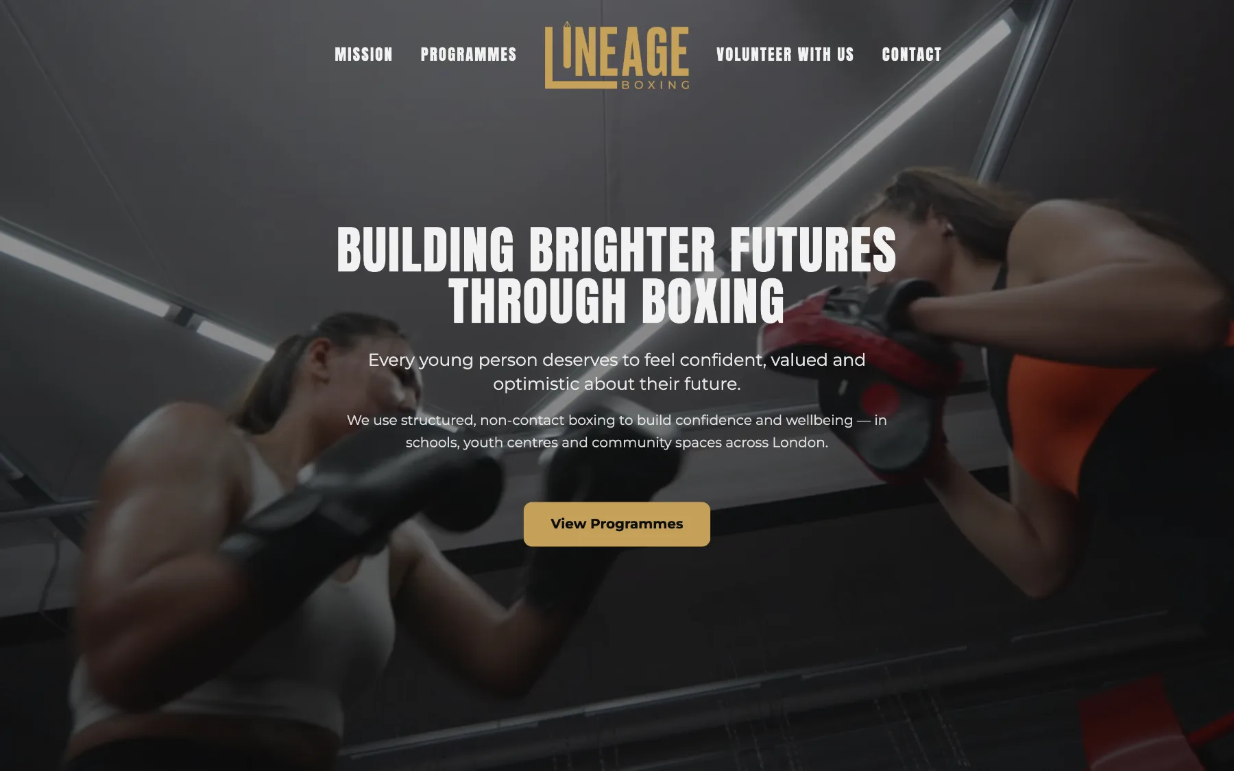 The Lineage Boxing public site hero: Building brighter futures through boxing