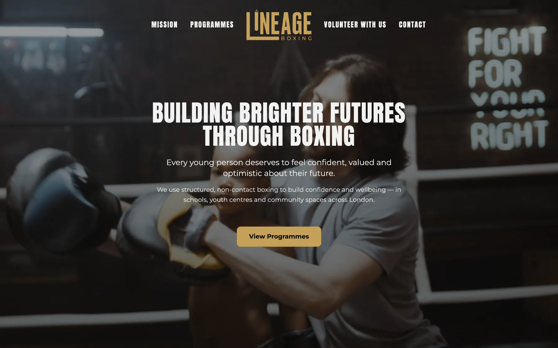 The Lineage Boxing public site hero: Building brighter futures through boxing