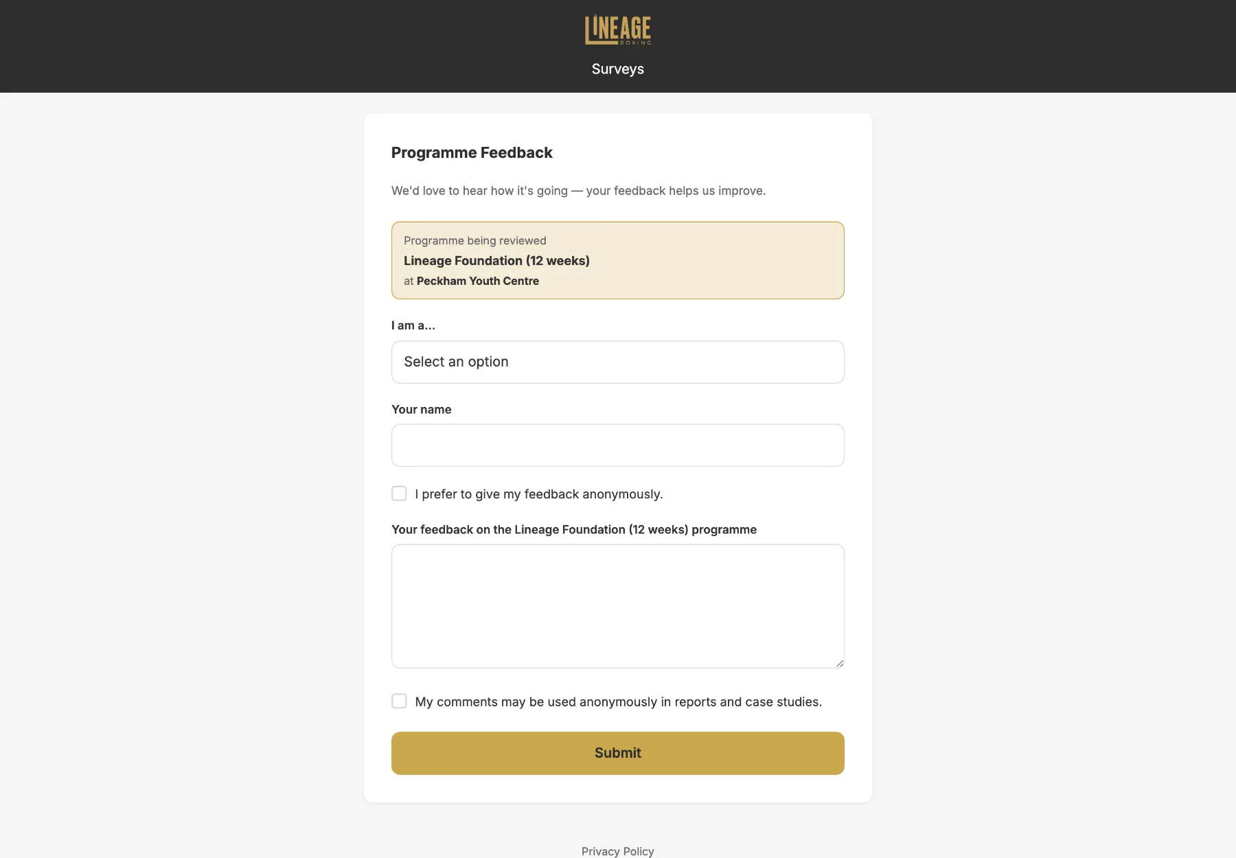 Public feedback form for a programme