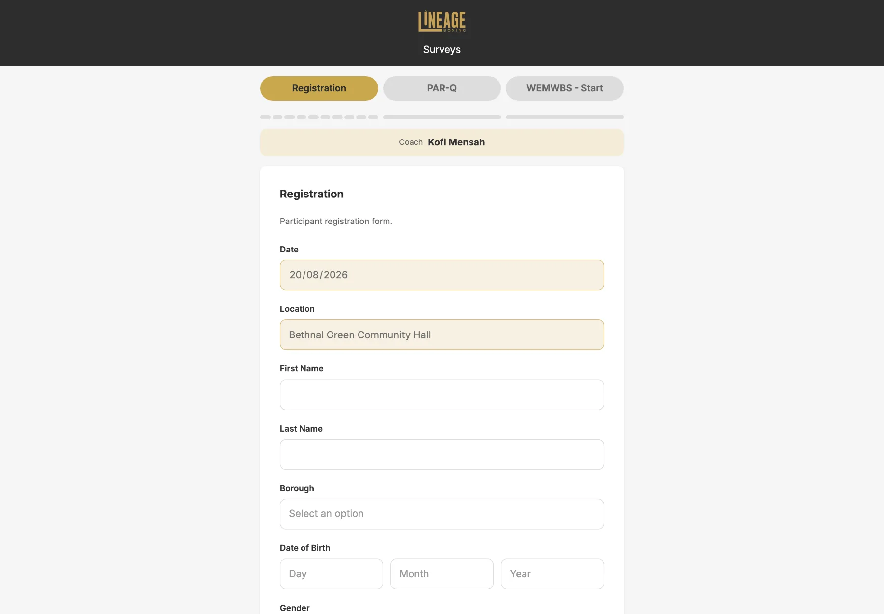 Public survey app registration form prefilled with coach and location from the link token