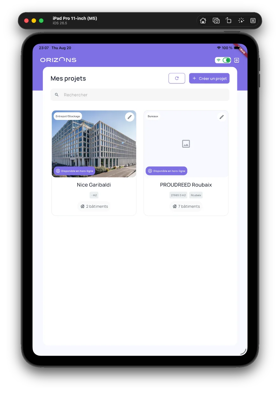 Project list with cover images, areas and building counts