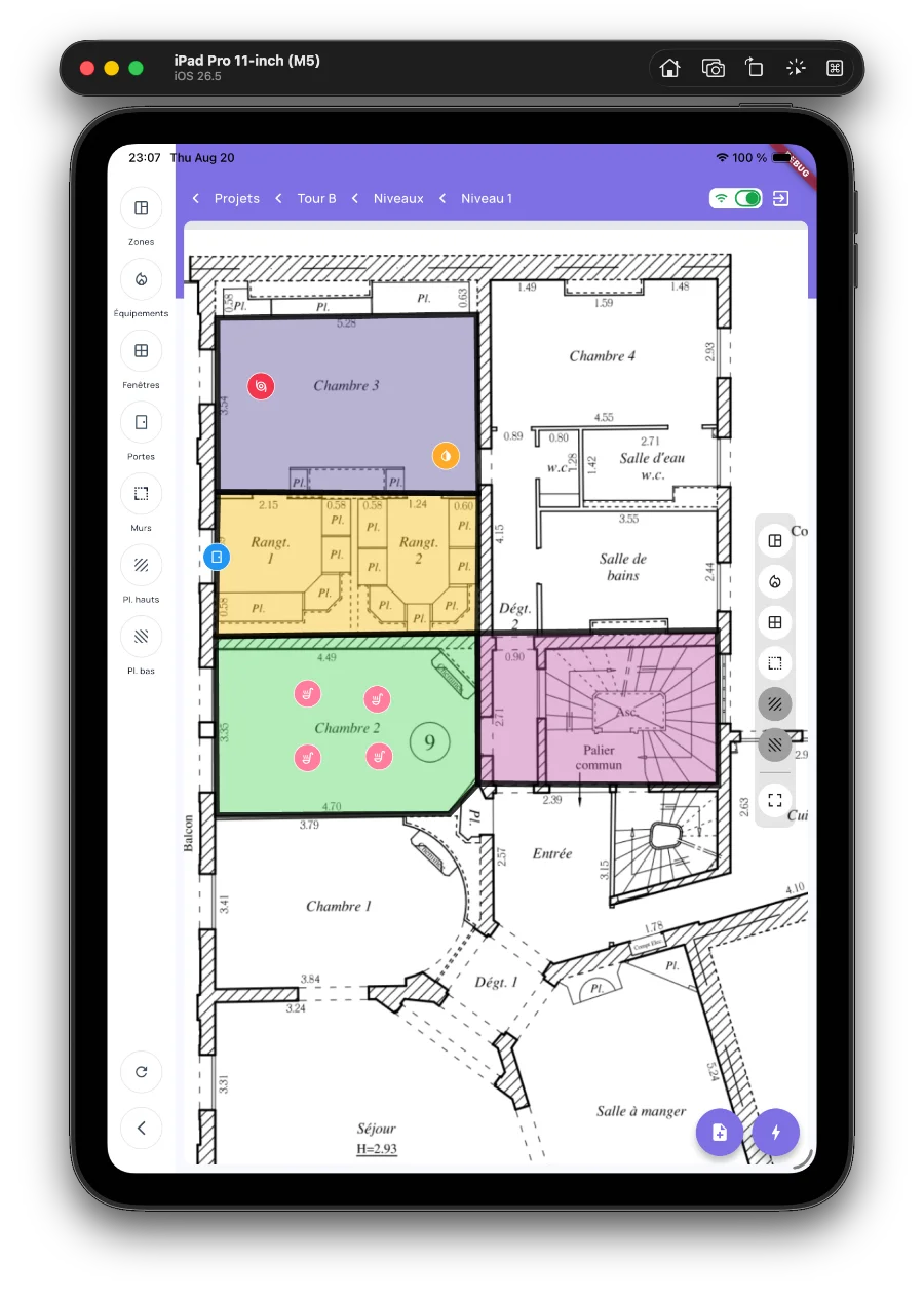 Floor plan with coloured zones, equipment pins and an annotation toolbar