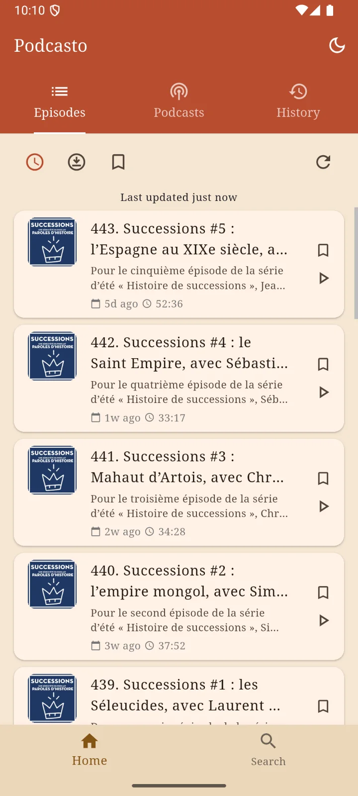 Merged episode list across subscriptions with dates and durations