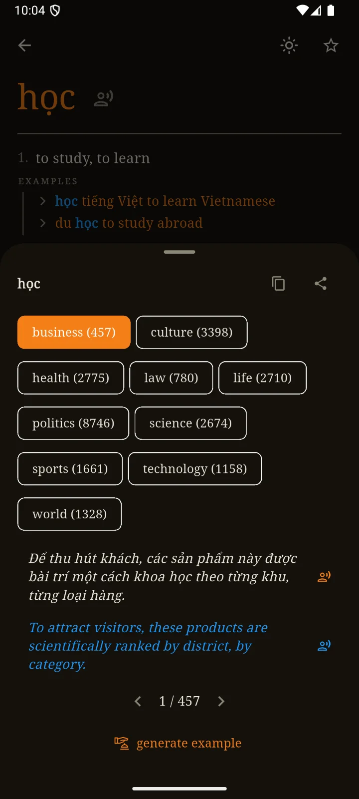 Corpus examples grouped by topic with a translated sentence