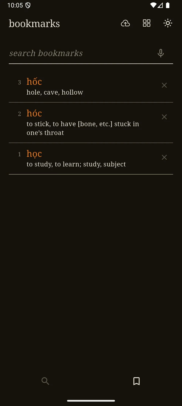 Saved bookmarks list